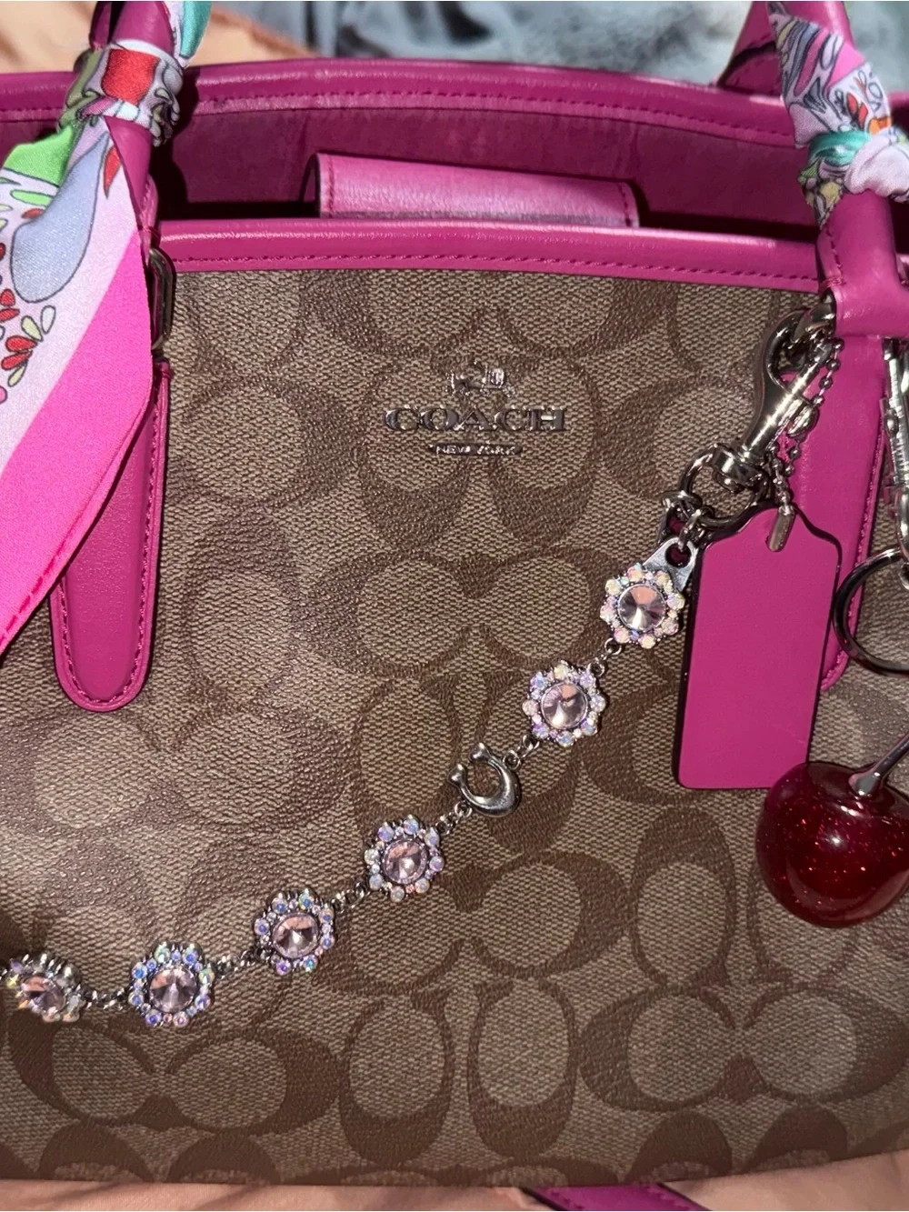 Coach Brown Monogram Satchel with Pink Trim and Cherry Charm
